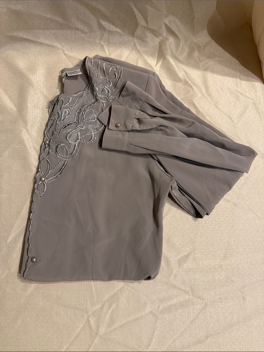 Women's Button-Down Blouse with Lace Yoke - Gray